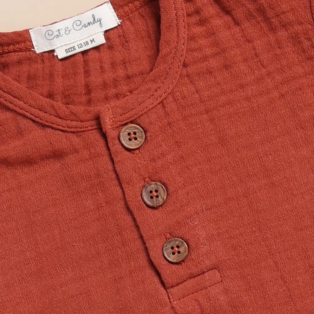 Cot &amp; Candy Baby Organic Muslin Short Sleeve Henley Tshirt With Lounge Pant Set-Picante