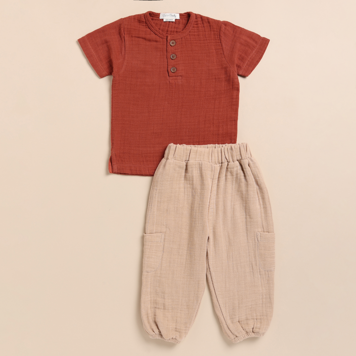 Cot &amp; Candy Baby Organic Muslin Henley Short Sleeve Tshirt with Lounge Pant Set-Picante + Latte