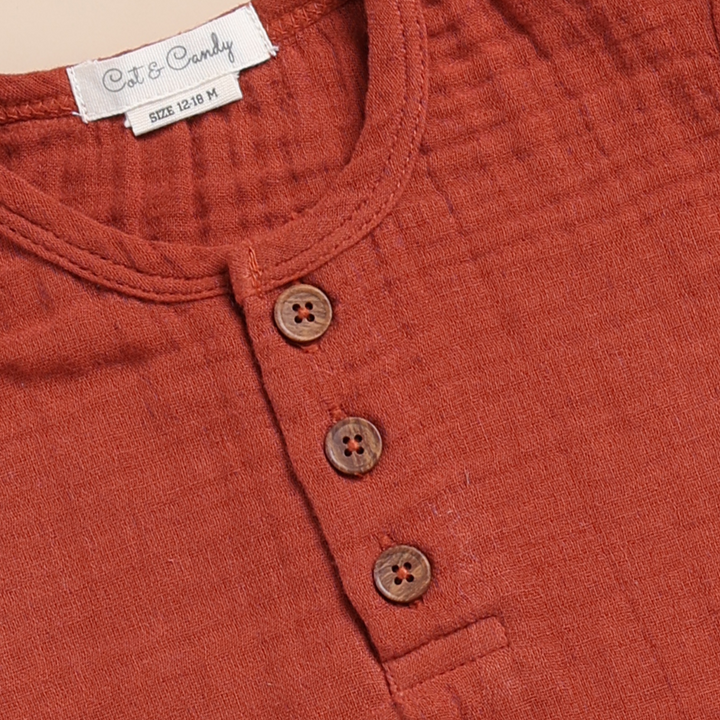 Cot &amp; Candy Baby Organic Muslin Henley Short Sleeve Tshirt with Lounge Pant Set-Picante + Latte