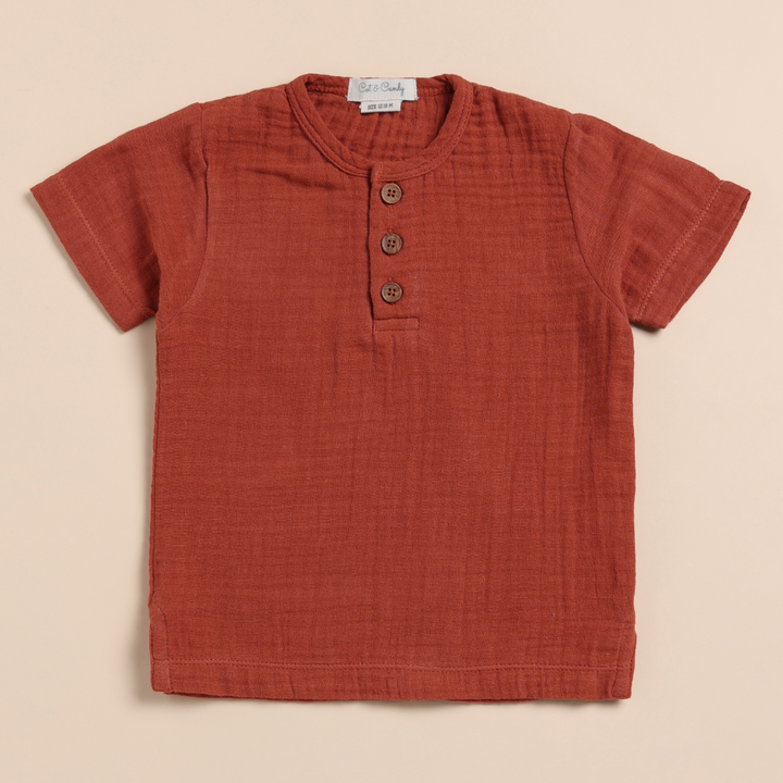 Cot &amp; Candy Baby Organic Muslin Henley Short Sleeve Tshirt with Lounge Pant Set-Picante + Latte