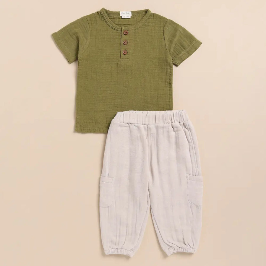 Cot & Candy Baby Organic Muslin Short Sleeve Henley Tshirt With Lounge Pant Set-Olive + Oatmeal