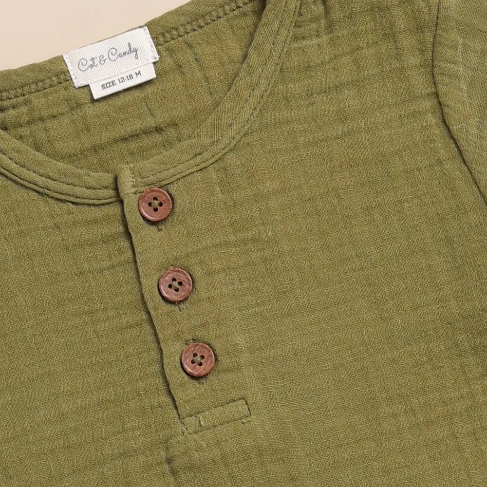 Cot &amp; Candy Baby Organic Muslin Short Sleeve Henley Tshirt With Lounge Pant Set-Olive + Oatmeal