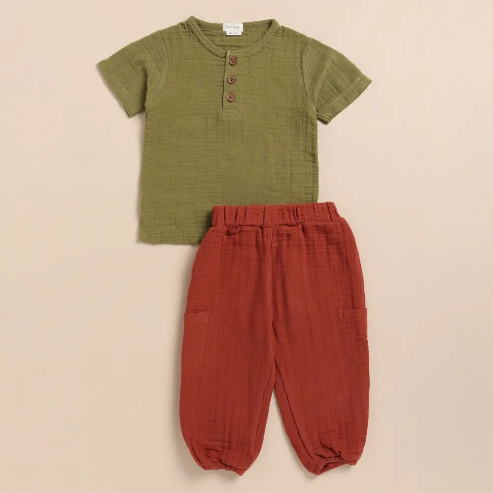 Cot &amp; Candy Baby Organic Muslin Short Sleeve Henley Tshirt With Lounge Pant Set-Olive + Picante
