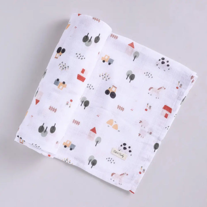 Cot &amp; Candy Baby Organic Muslin Swaddle Wrap-Farm Animal Collection