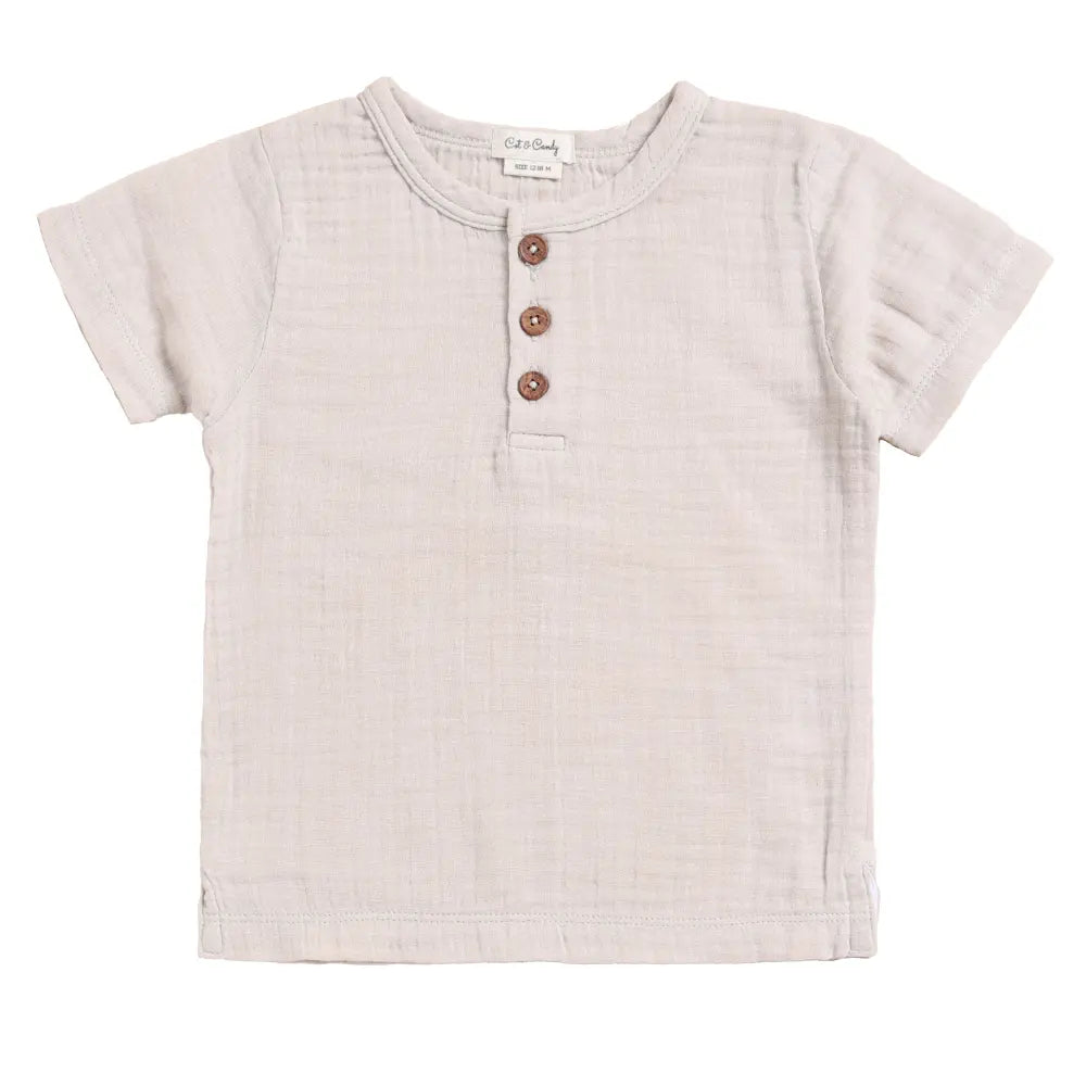 Cot &amp; Candy Baby Organic Muslin Short Sleeve Henley T-Shirt-Oatmeal