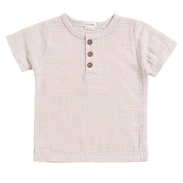 Cot &amp; Candy Baby Organic Muslin Short Sleeve Henley T-Shirt-Oatmeal