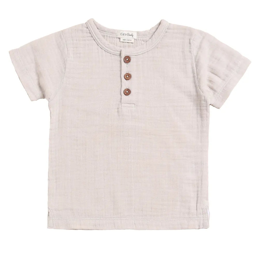 Cot & Candy Baby Organic Muslin Short Sleeve Henley T-Shirt-Oatmeal