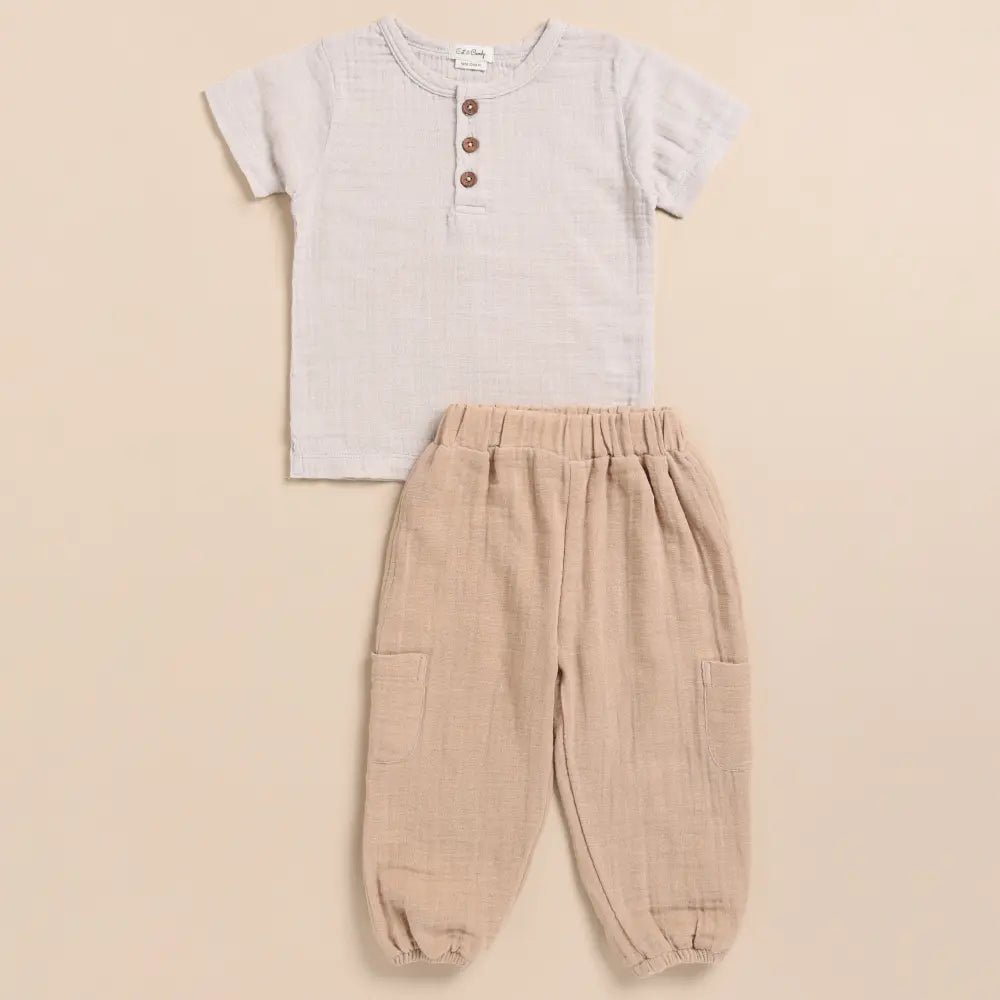 Cot &amp; Candy Baby Organic Muslin Short Sleeve Henley Tshirt With Lounge Pant Set-Oatmeal + Latte