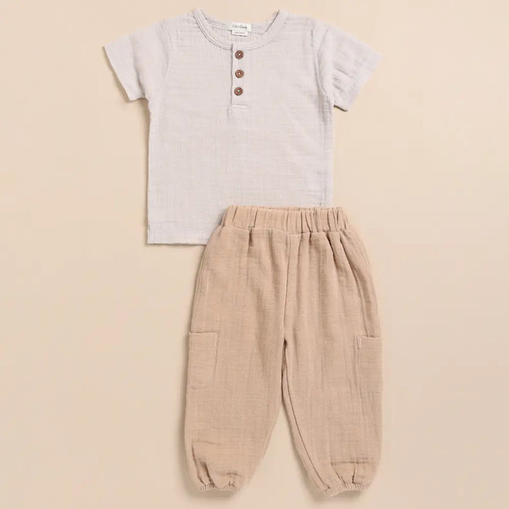 Cot &amp; Candy Baby Organic Muslin Short Sleeve Henley Tshirt With Lounge Pant Set-Oatmeal + Latte
