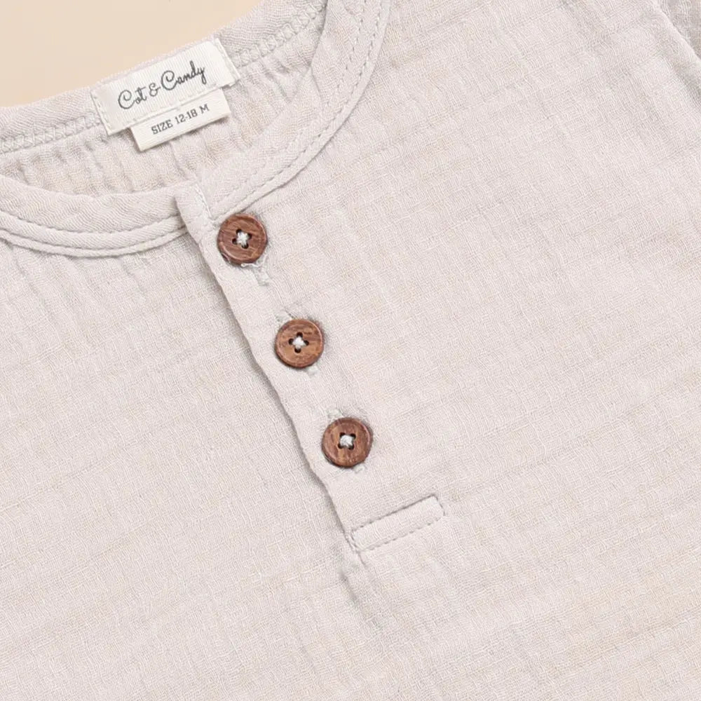 Cot &amp; Candy Baby Organic Muslin Short Sleeve Henley Tshirt With Lounge Pant Set-Oatmeal + Latte