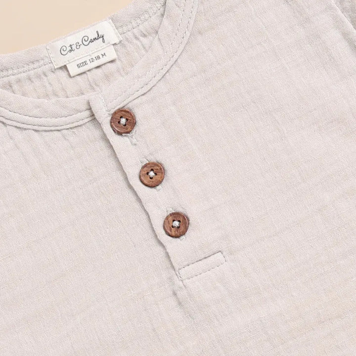 Cot &amp; Candy Baby Organic Muslin Short Sleeve Henley Tshirt With Lounge Pant Set-Oatmeal + Latte