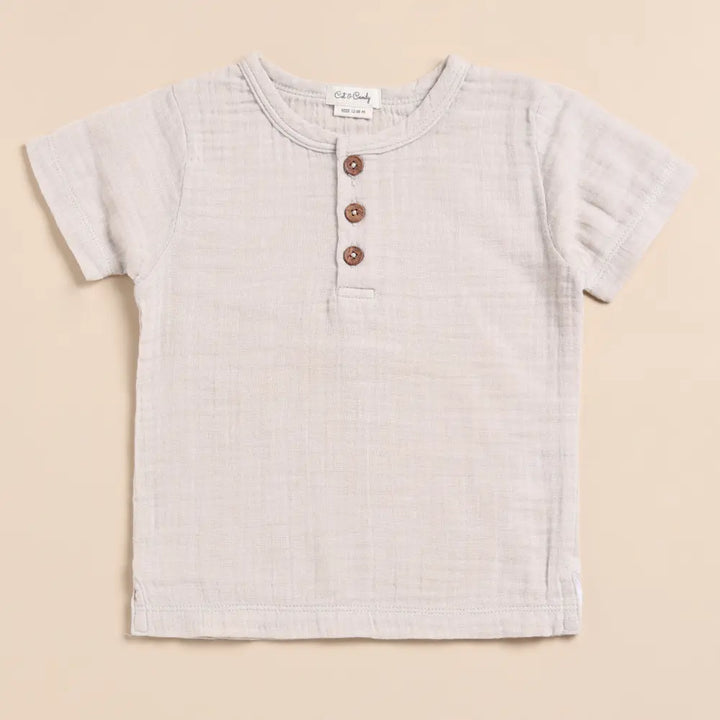 Cot &amp; Candy Baby Organic Muslin Short Sleeve Henley Tshirt With Lounge Pant Set-Oatmeal + Latte