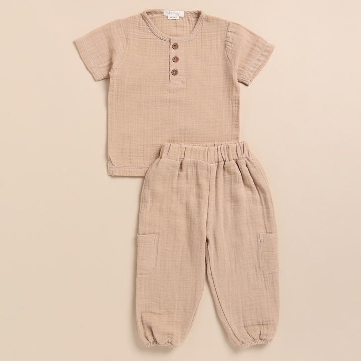 Cot &amp; Candy Baby Organic Muslin Short Sleeve Henley Tshirt With Lounge Pant Set-Latte