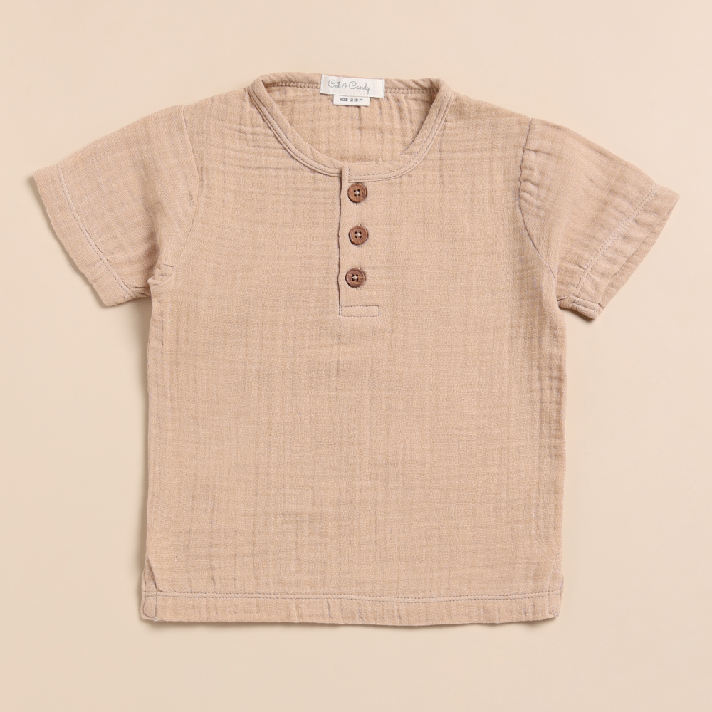 Cot &amp; Candy Baby Organic Muslin Short Sleeve Henley Tshirt With Lounge Pant Set-Latte