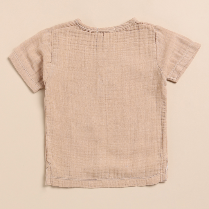 Cot &amp; Candy Baby Organic Muslin Short Sleeve Henley Tshirt With Lounge Pant Set-Latte