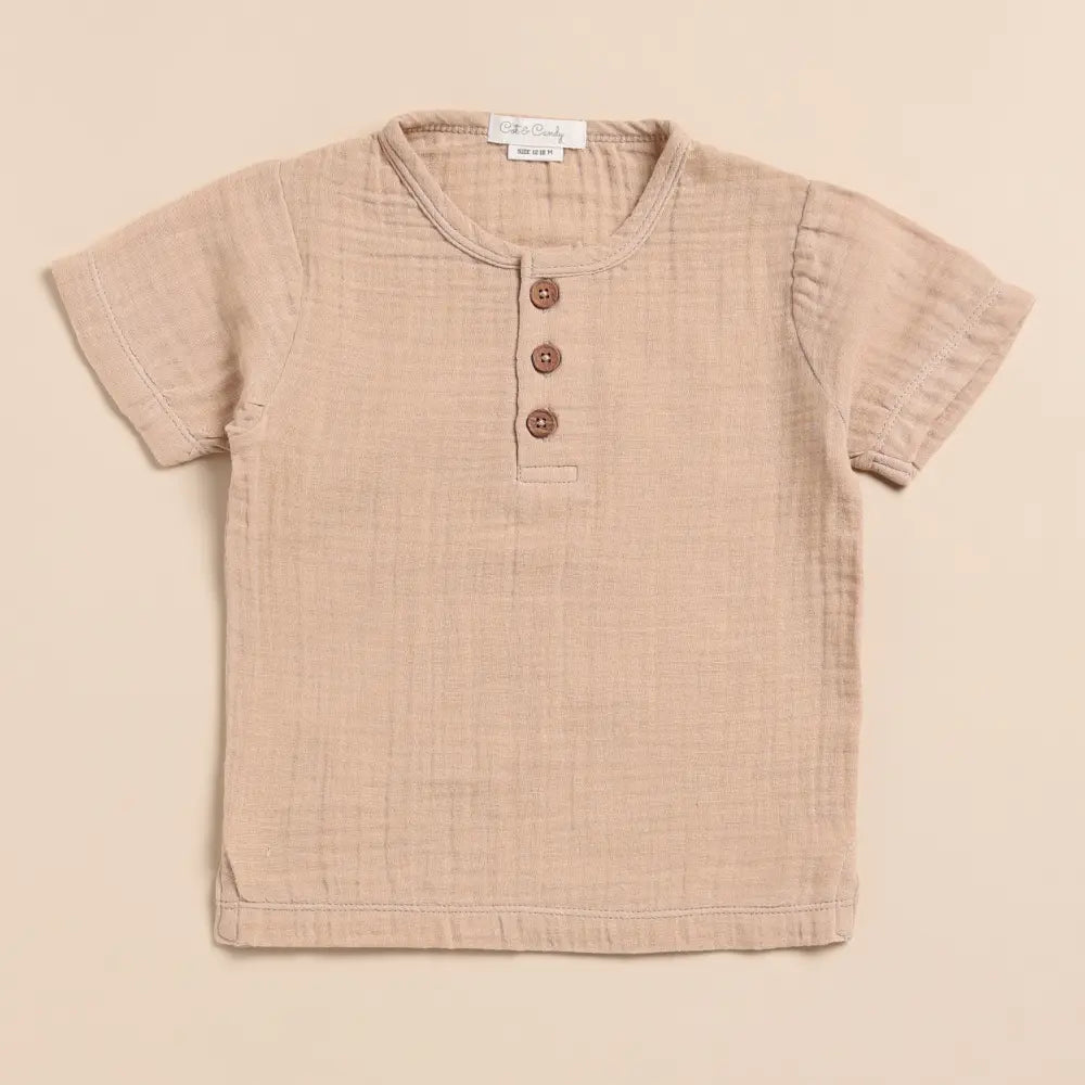 Cot &amp; Candy Baby Organic Muslin Short Sleeve Henley T-Shirt-Latte
