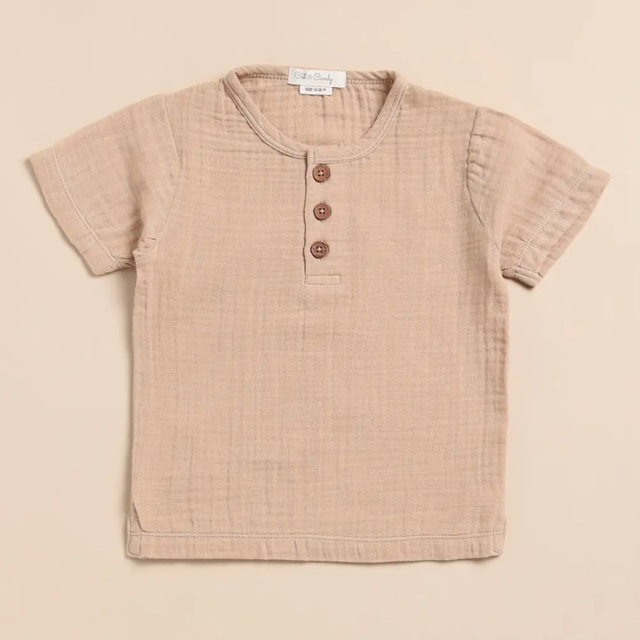 Cot &amp; Candy Baby Organic Muslin Short Sleeve Henley T-Shirt-Latte