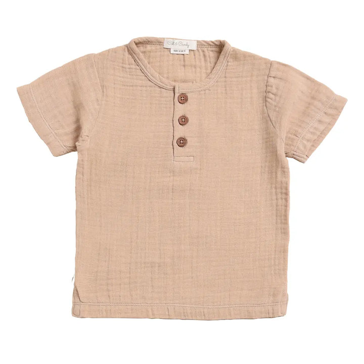 Cot &amp; Candy Baby Organic Muslin Short Sleeve Henley T-Shirt-Latte