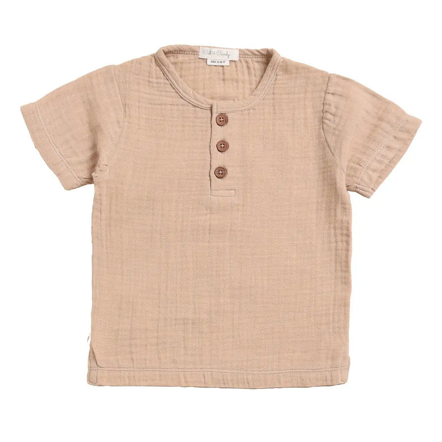 Cot & Candy Baby Organic Muslin Short Sleeve Henley T-Shirt-Latte