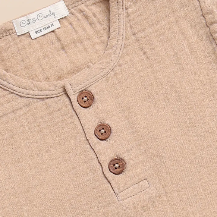 Cot &amp; Candy Baby Organic Muslin Short Sleeve Henley T-Shirt-Latte