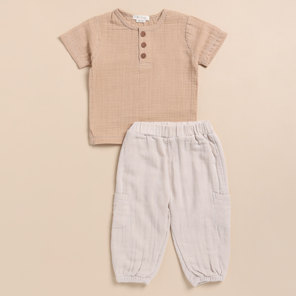 Cot &amp; Candy Baby Organic Muslin Short Sleeve Henley Tshirt With Lounge Pant Set-Latte + Oatmeal
