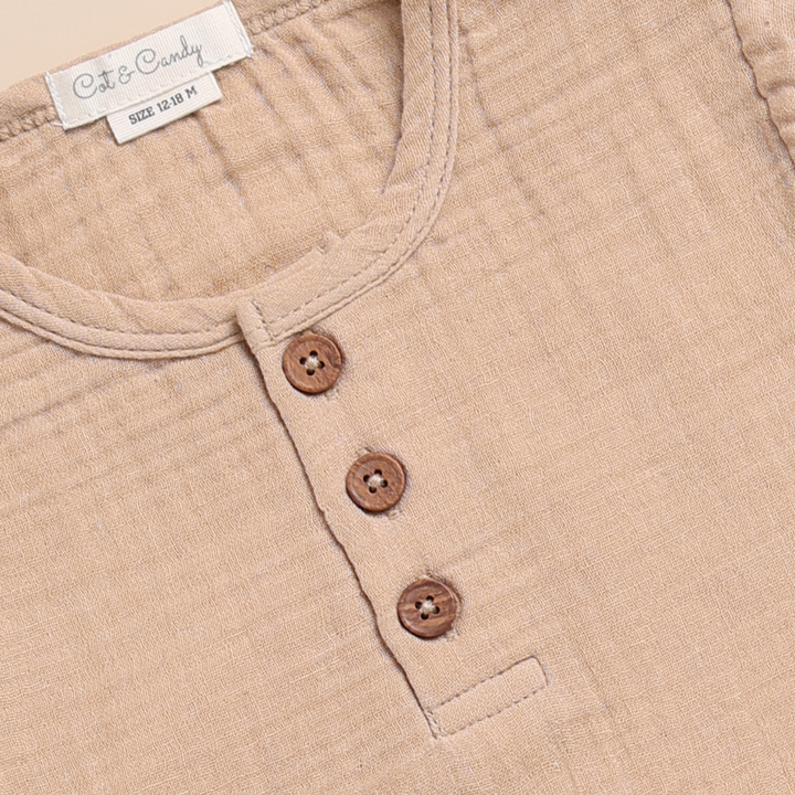 Cot &amp; Candy Baby Organic Muslin Short Sleeve Henley Tshirt With Lounge Pant Set-Latte + Oatmeal