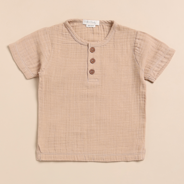 Cot &amp; Candy Baby Organic Muslin Short Sleeve Henley Tshirt With Lounge Pant Set-Latte + Oatmeal