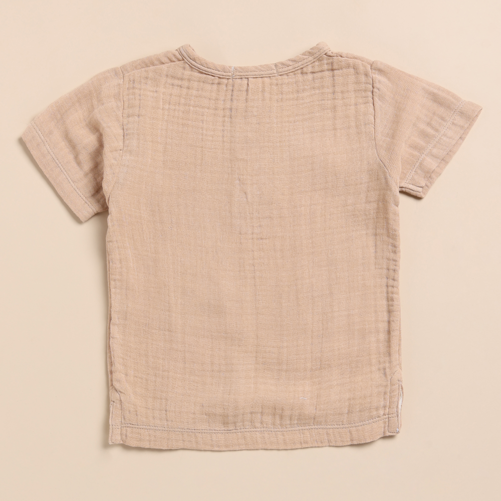 Cot &amp; Candy Baby Organic Muslin Short Sleeve Henley Tshirt With Lounge Pant Set-Latte + Oatmeal