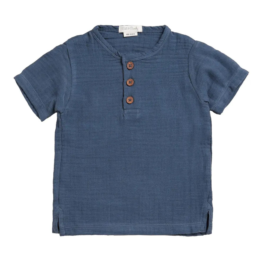 Cot & Candy Baby Organic Muslin Short Sleeve Henley T-Shirt-Navy