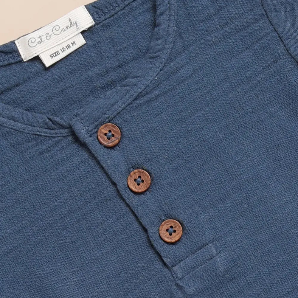Cot &amp; Candy Baby Organic Muslin Short Sleeve Henley T-Shirt-Navy