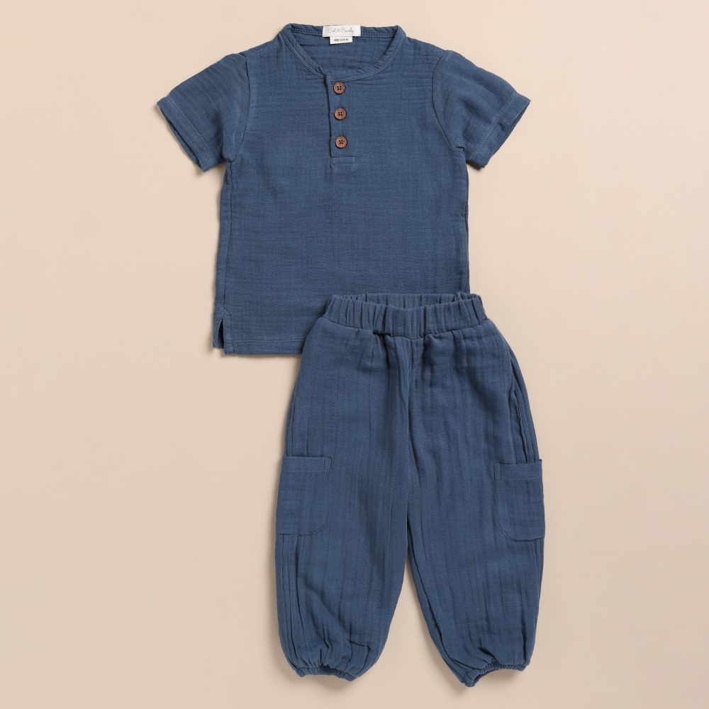 Cot &amp; Candy Baby Organic Muslin Short Sleeve Henley Tshirt With Lounge Pant Set-Navy