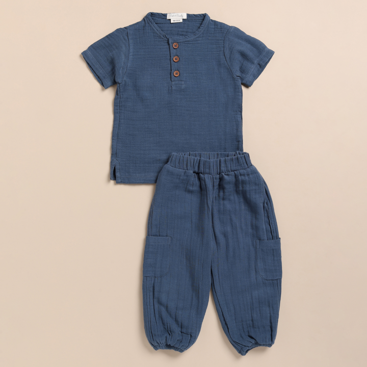 Cot &amp; Candy Baby Organic Muslin Short Sleeve Henley Tshirt With Lounge Pant Set-Navy