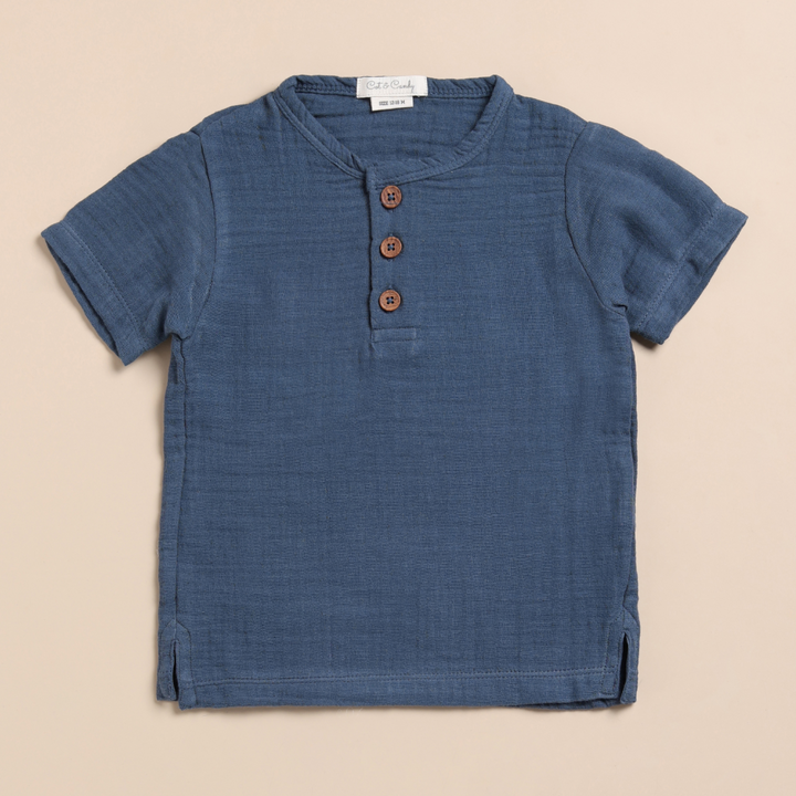Cot &amp; Candy Baby Organic Muslin Short Sleeve Henley Tshirt With Lounge Pant Set-Navy