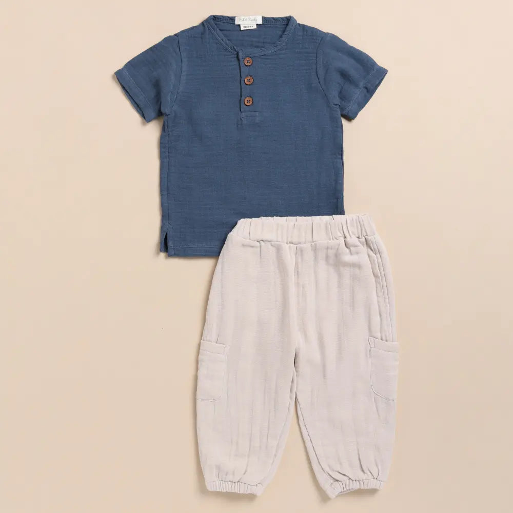 Cot &amp; Candy Baby Organic Muslin Short Sleeve Henley Tshirt With Lounge Pant Set-Navy + Oatmeal