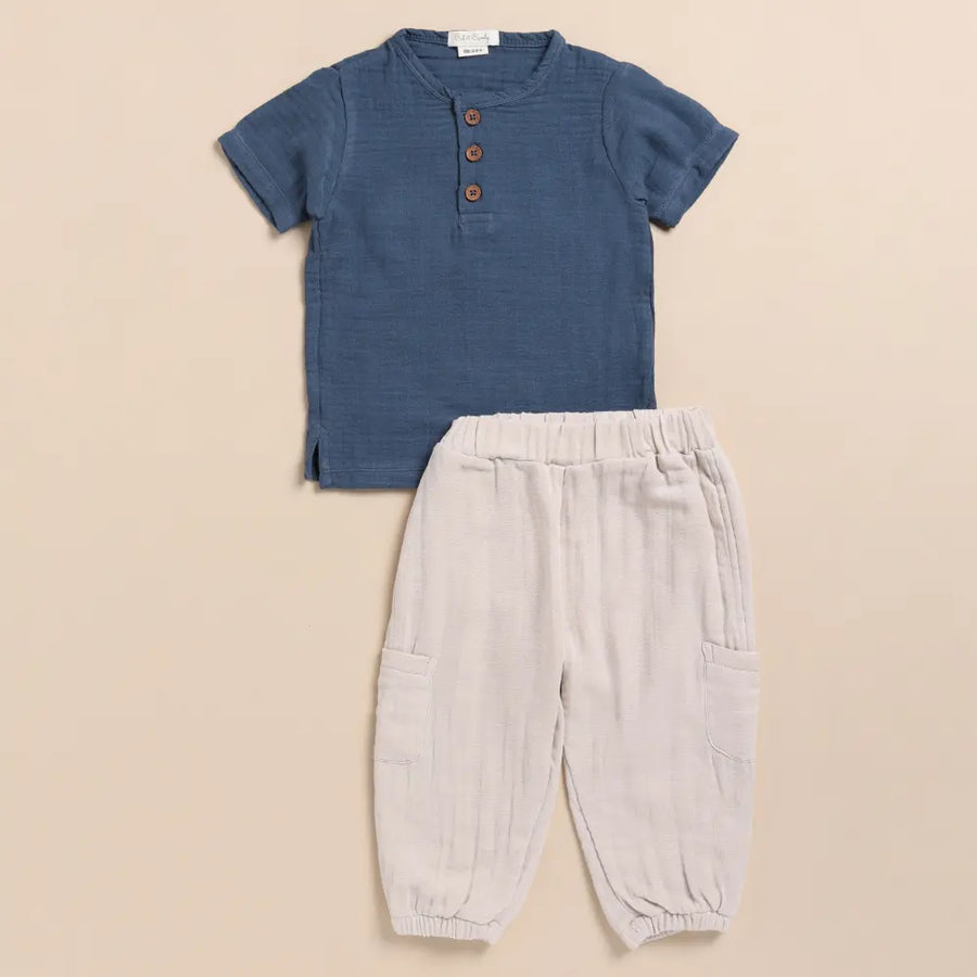 Cot & Candy Baby Organic Muslin Short Sleeve Henley Tshirt With Lounge Pant Set-Navy + Oatmeal