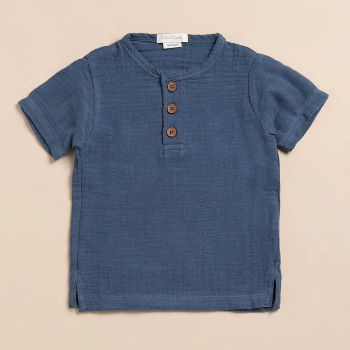 Cot &amp; Candy Baby Organic Muslin Short Sleeve Henley Tshirt With Lounge Pant Set-Navy + Oatmeal
