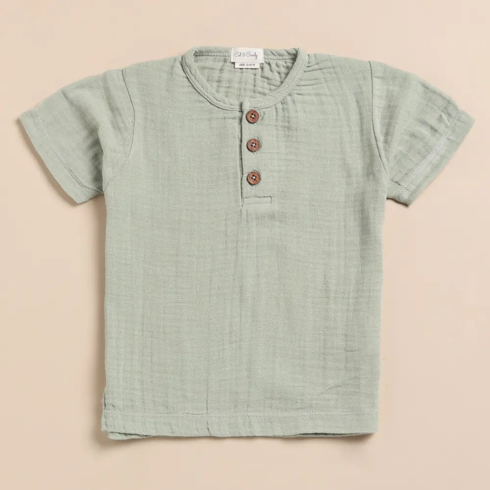 Cot &amp; Candy Baby Organic Muslin Short Sleeve Henley T-Shirt-Sage