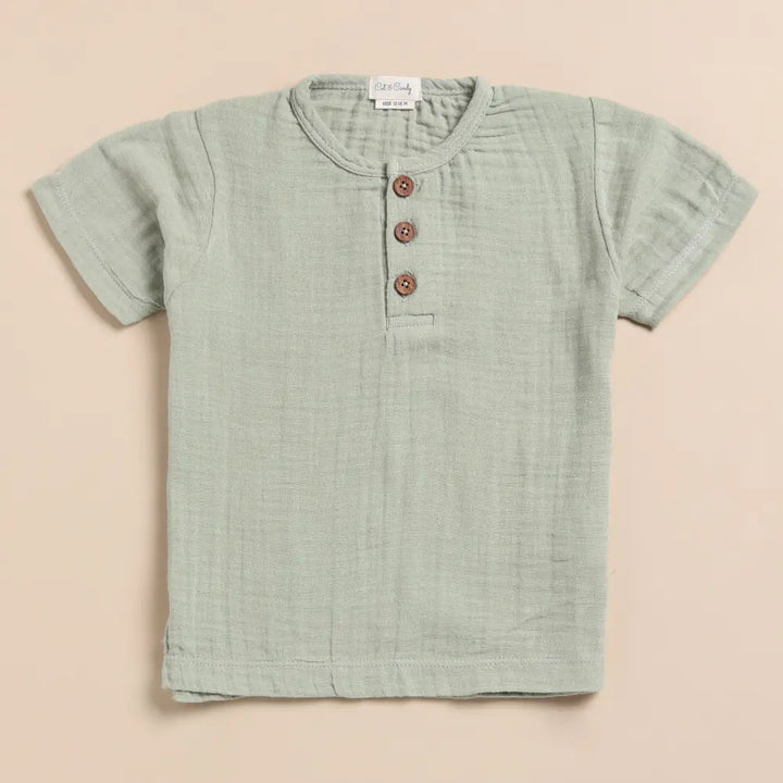 Cot &amp; Candy Baby Organic Muslin Short Sleeve Henley T-Shirt-Sage
