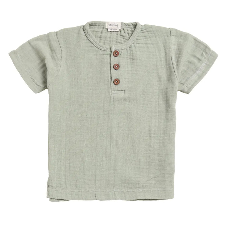 Cot &amp; Candy Baby Organic Muslin Short Sleeve Henley T-Shirt-Sage