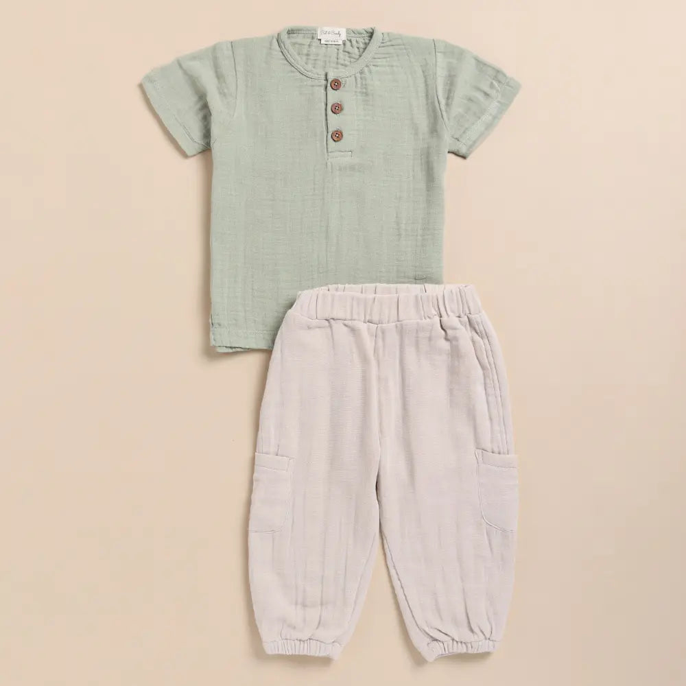 Cot &amp; Candy Baby Organic Muslin Short Sleeve Henley Tshirt With Lounge Pant Set-Sage + Oatmeal