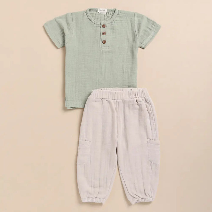 Cot &amp; Candy Baby Organic Muslin Short Sleeve Henley Tshirt With Lounge Pant Set-Sage + Oatmeal