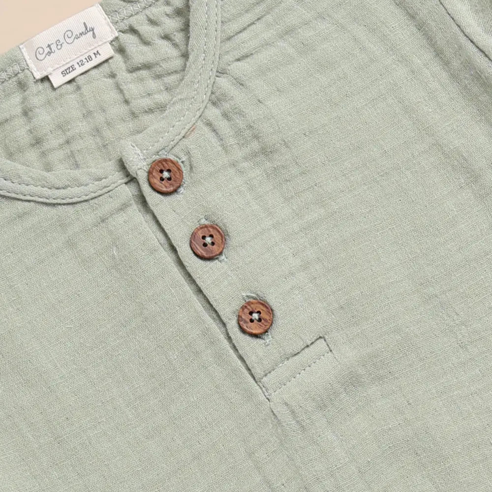 Cot &amp; Candy Baby Organic Muslin Short Sleeve Henley Tshirt With Lounge Pant Set-Sage + Oatmeal