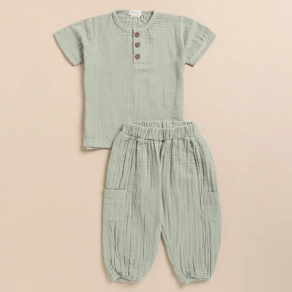 Cot &amp; Candy Baby Organic Muslin Short Sleeve Henley Tshirt With Lounge Pant Set-Sage