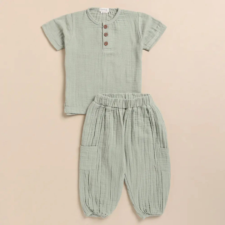 Cot &amp; Candy Baby Organic Muslin Short Sleeve Henley Tshirt With Lounge Pant Set-Sage