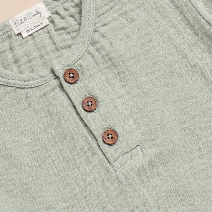 Cot &amp; Candy Baby Organic Muslin Short Sleeve Henley Tshirt With Lounge Pant Set-Sage