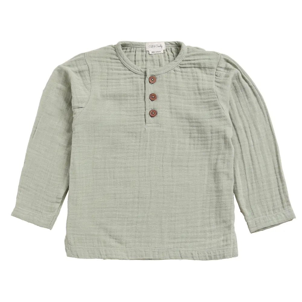 Cot &amp; Candy Baby Organic Muslin Long Sleeve Henley T-Shirt-Sage