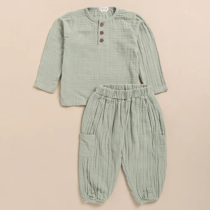 Cot &amp; Candy Baby Organic Muslin Long Sleeve Henley Tshirt With Lounge Pant Set-Sage