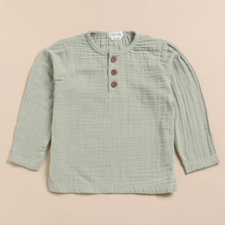 Cot &amp; Candy Baby Organic Muslin Long Sleeve Henley Tshirt With Lounge Pant Set-Sage