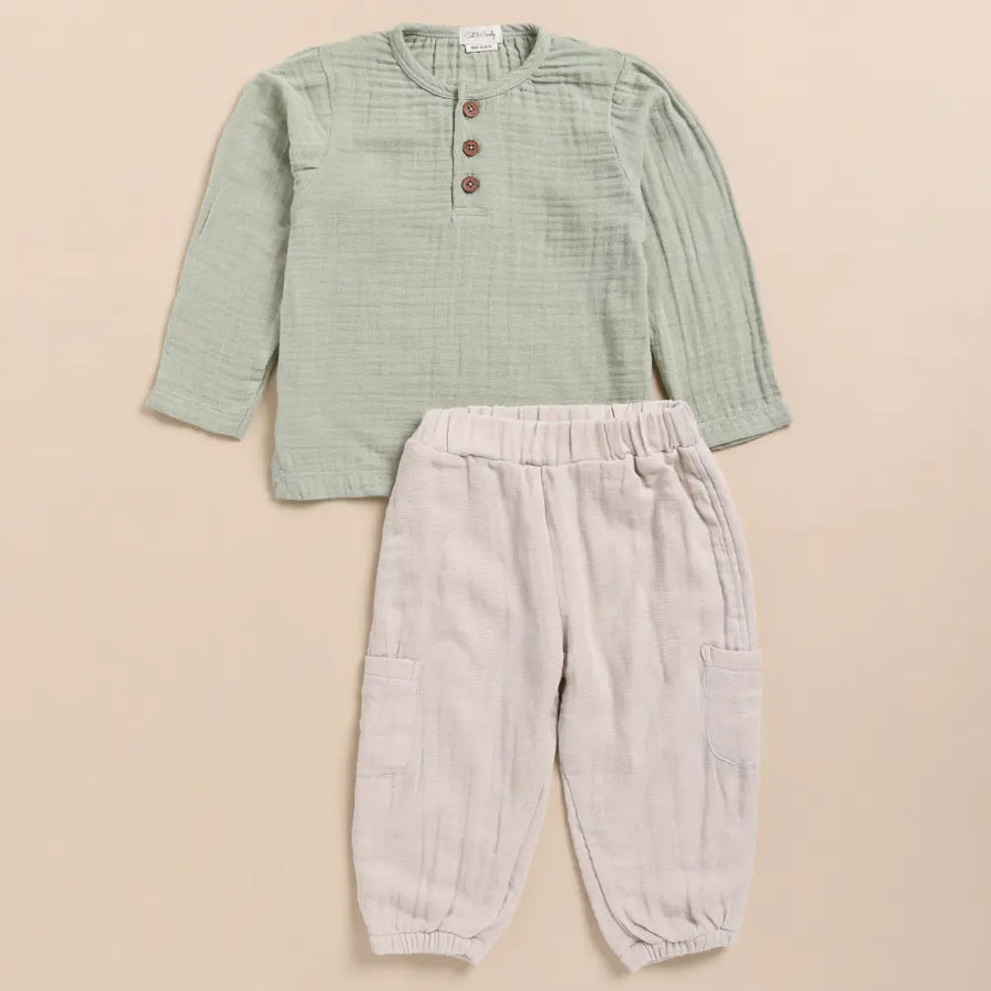 Cot & Candy Baby Organic Muslin Long Sleeve Henley Tshirt With Lounge Pant Set-Sage + Oatmeal