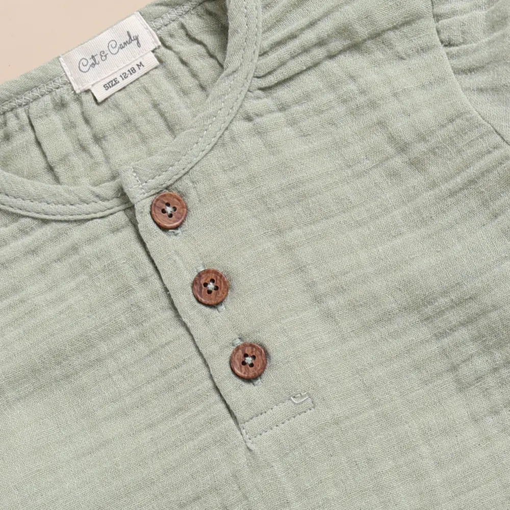Cot &amp; Candy Baby Organic Muslin Long Sleeve Henley Tshirt With Lounge Pant Set-Sage + Oatmeal